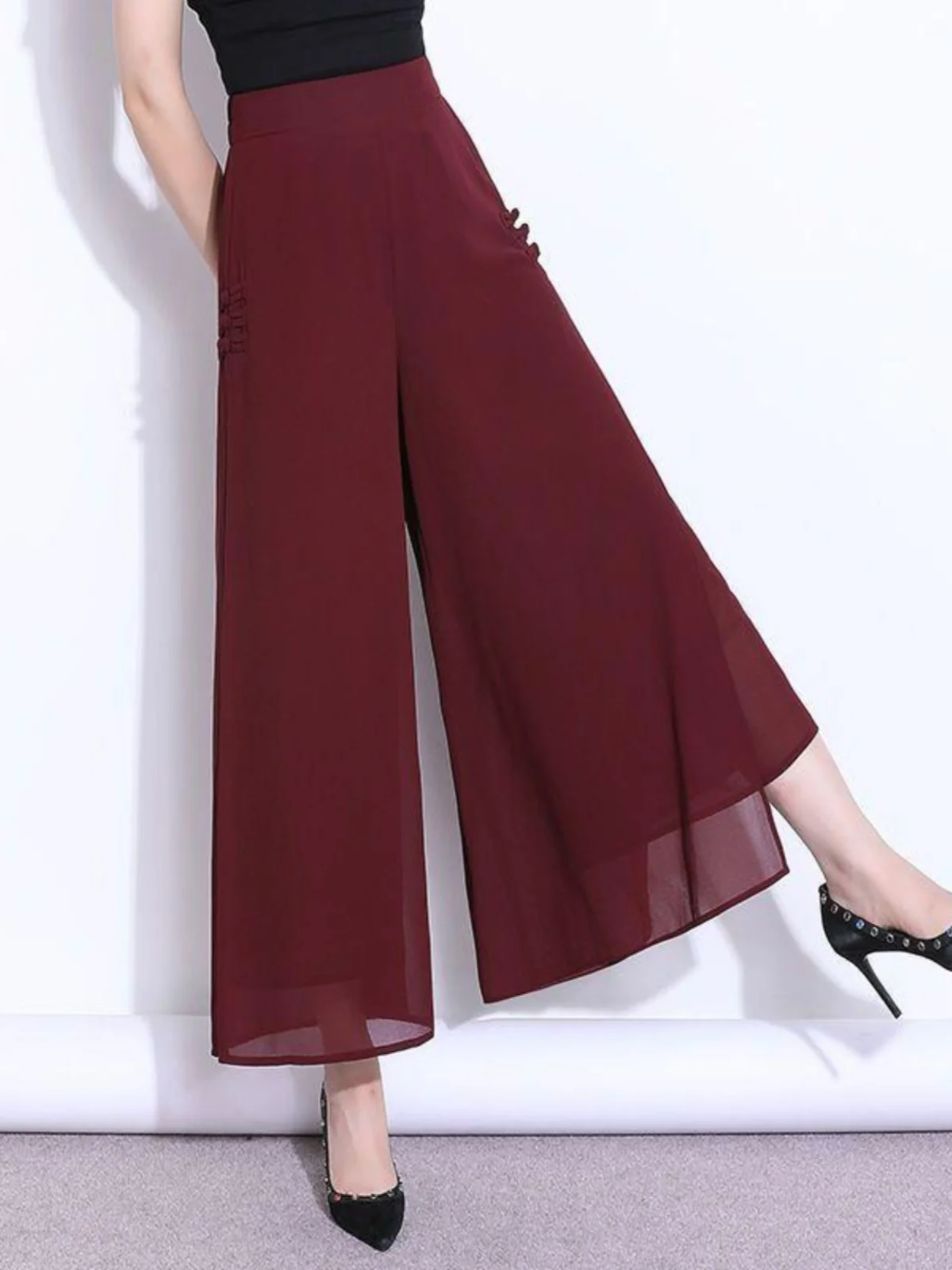 

Широкие брюки с высокой талией для женщин, лето 2024, новые свободные шифоновые драпированные утягивающие повседневные брюки с разрезом, юбка Sle