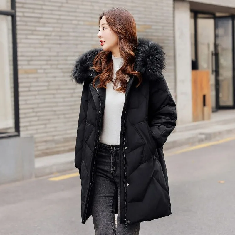 2023 New Women Down Jacket Winter Coat Female Mid Length Version Parkas Thick Large Size Outwear Hooded Fur Collar Overcoat