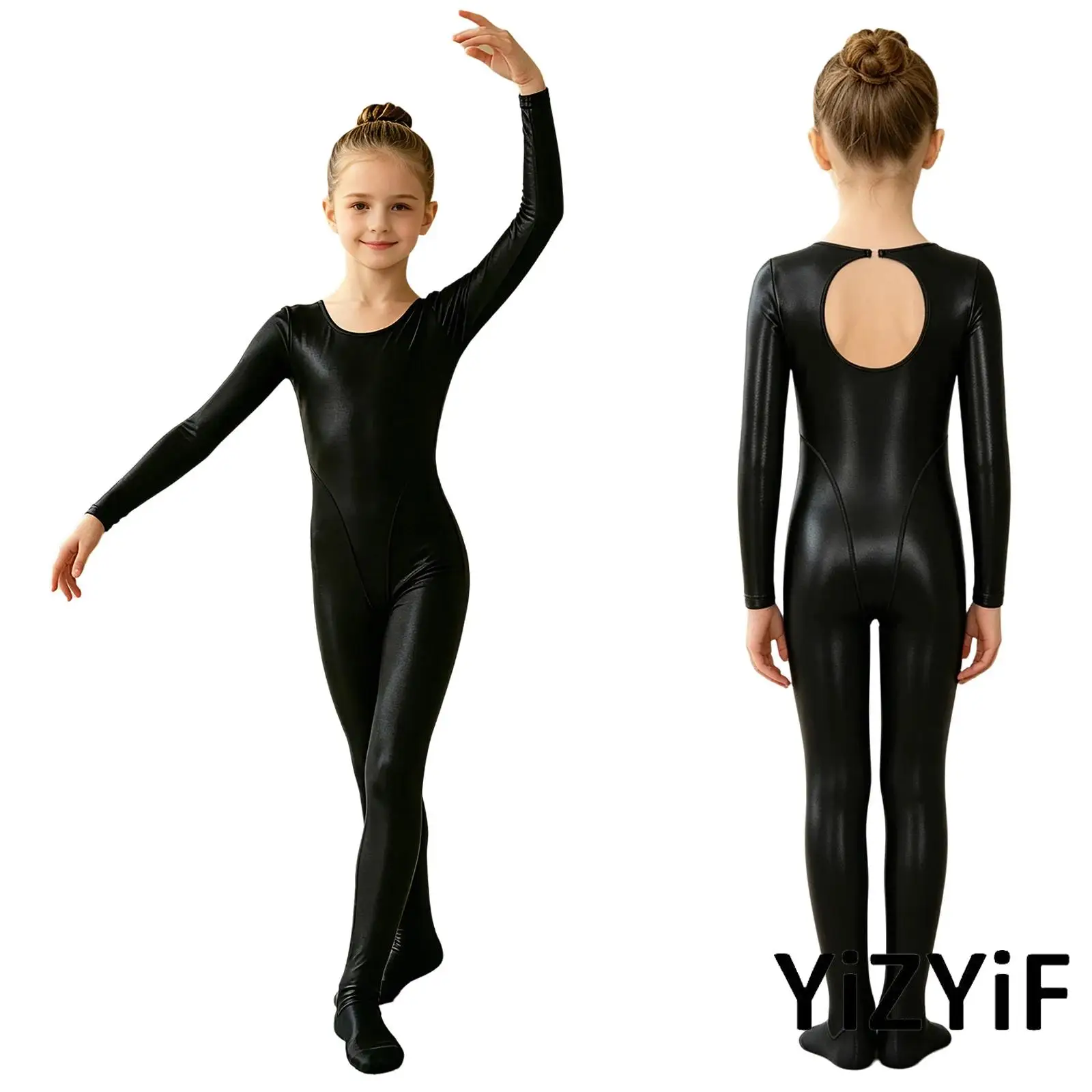 Glossy Long Sleeve Footed Lyrical Dance Jumpsuit for Kids Keyhole Back Bodysuit for Gymnastics Figure Skating Dance Training
