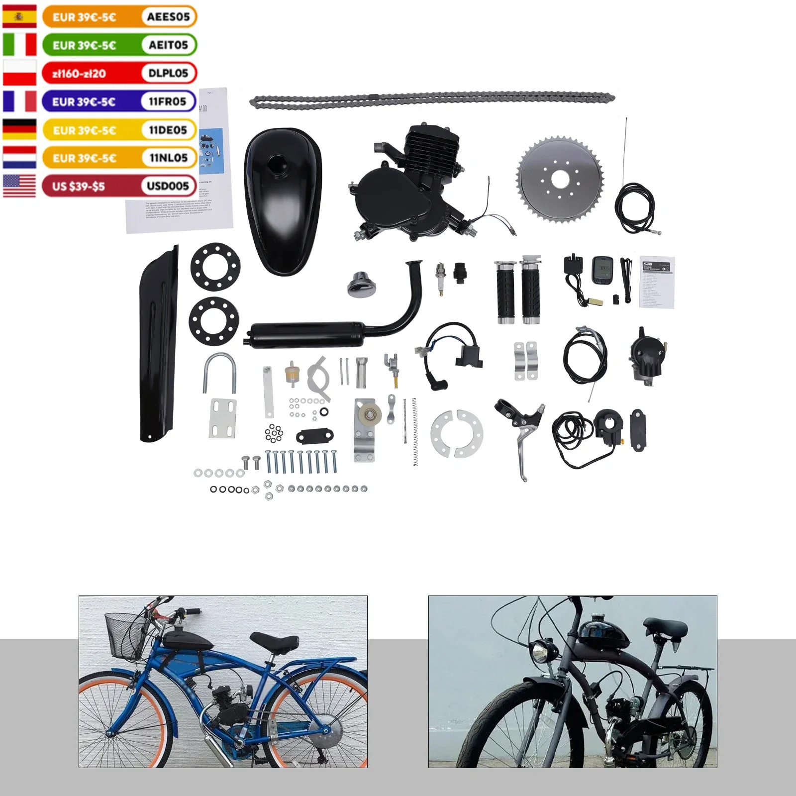 2 Stroke 2 Cylinder Gasoline Bicycle Motor Engine Kits PK80 Full Set 80cc Bike Bicycle Motorized Engines & Components