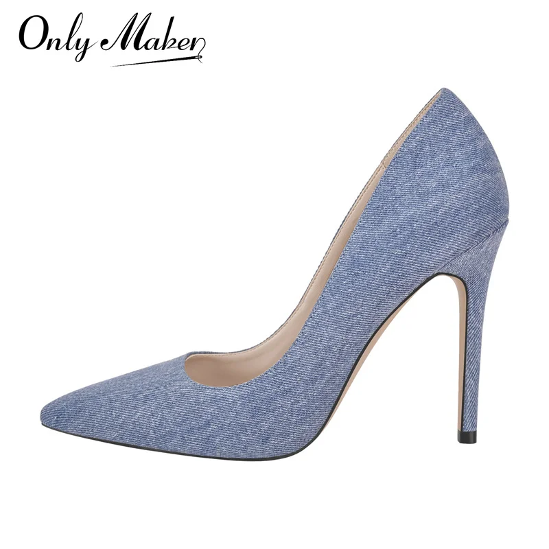 Onlymaker Women Pointed Toe Denim Pumps Elegant Evening Dress Large Size Basic Shoes Slip On Stiletto Heels