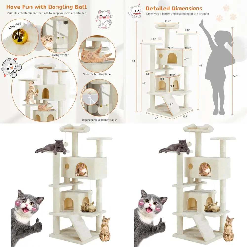 

Кошачья игровая башня для дома, 54-уровневая многофункциональная структура с сизалевыми столбиками для царапания, игровым домиком, игрушками, бежевая