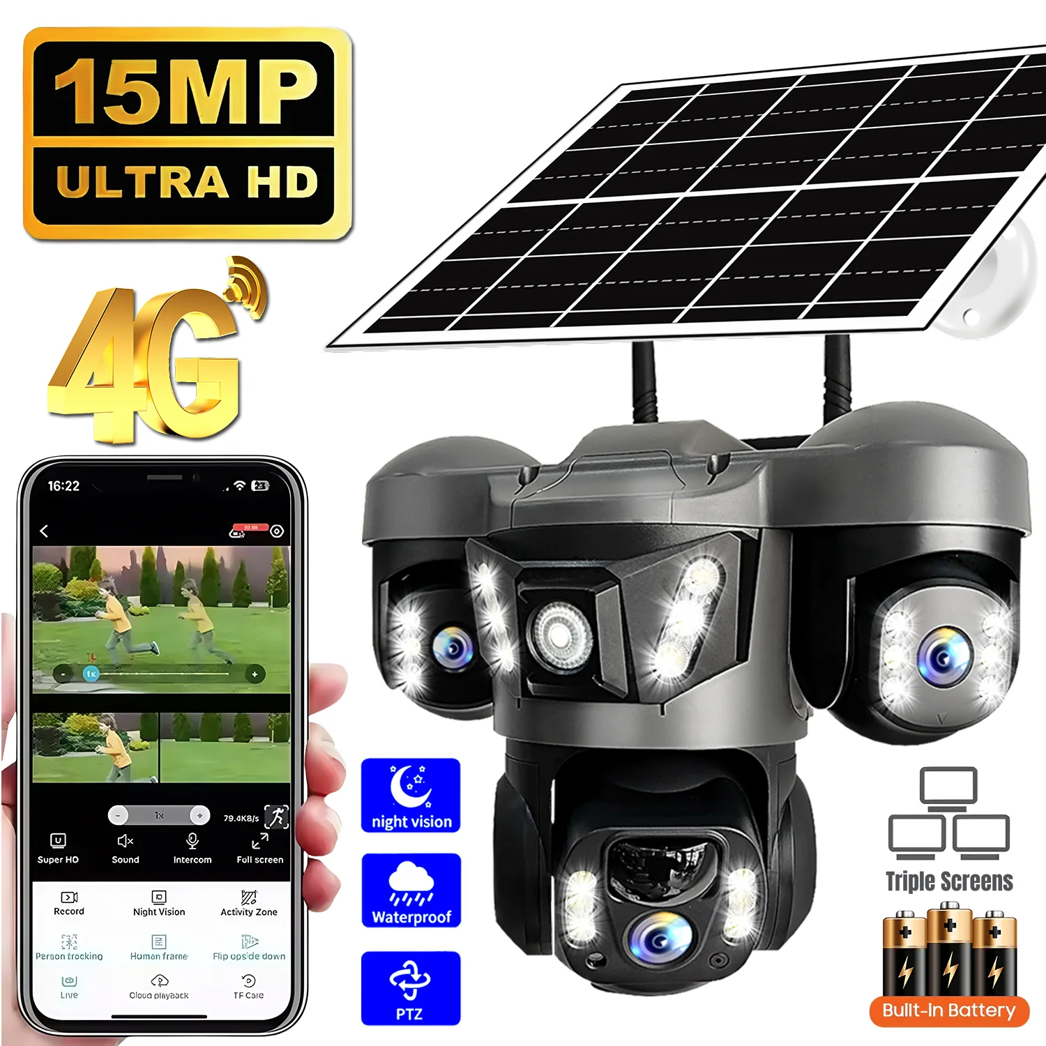15MP 4G Solar Camera Outdoor 10X Zoom Triple Lens PTZ CCTV PIR Motion Detection Security Surveillance V380 Pro 3-Screen Camera