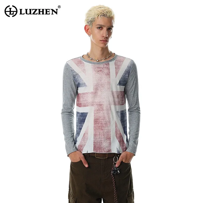 LUZHEN 2026 New American Wornout Design Printed Pattern Long Sleeve T-shirts Men's Fashion Handsome Slim Round Neck Tops JY8658