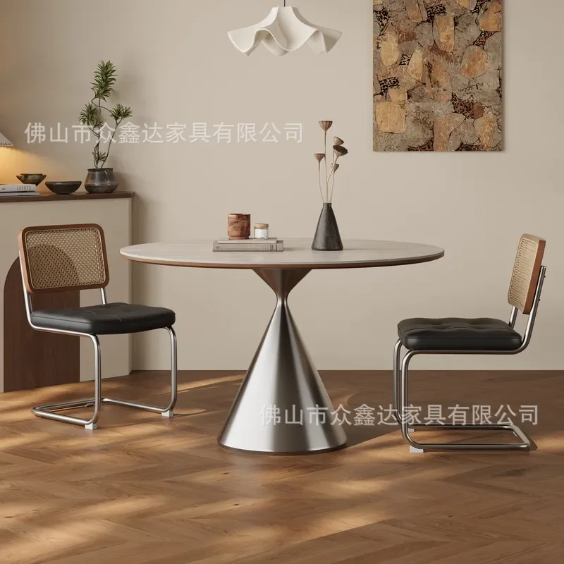 Stainless Steel Round Dining Table with Travertine Rock Slab Top Antique Style Small Apartment Household Negotiation Eating