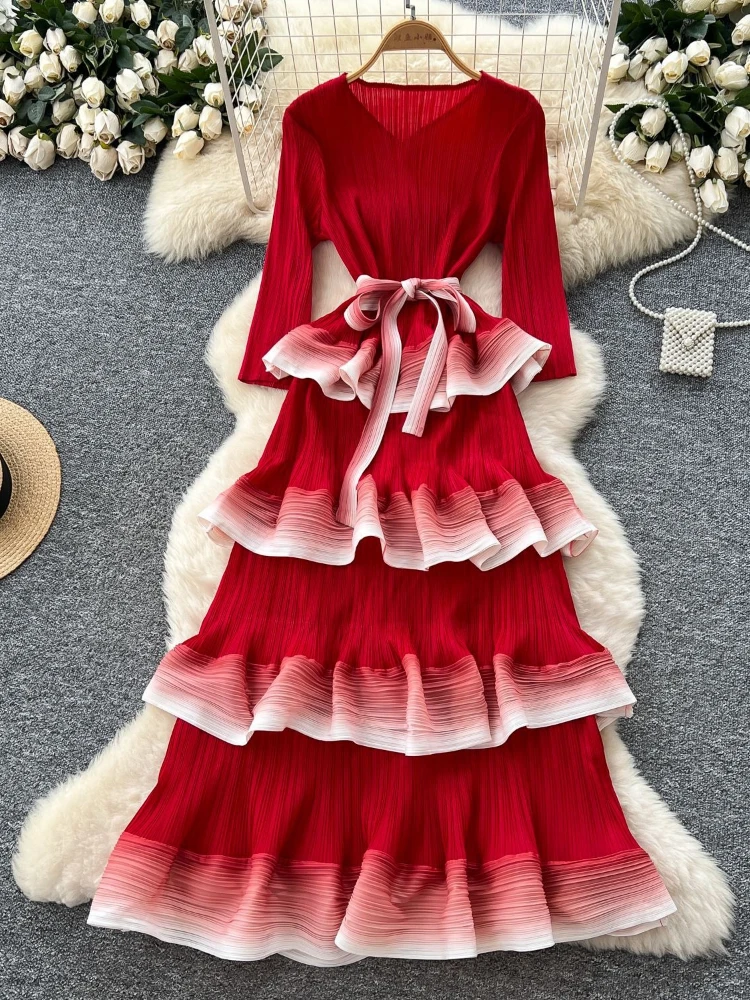 

Miyake Pleated Dress Women's 2025 New High-end Strap Waist Gradual Change Color Ruffle Edge Pleated Long Skirt