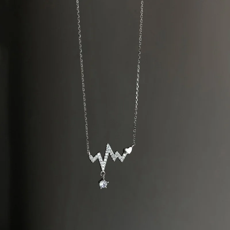 Korean Zircon ECG Pendant Necklace for Women Fashion Heart Choker Clavicle Chain Wedding Party Jewelry Birthday Gifts Wholesale