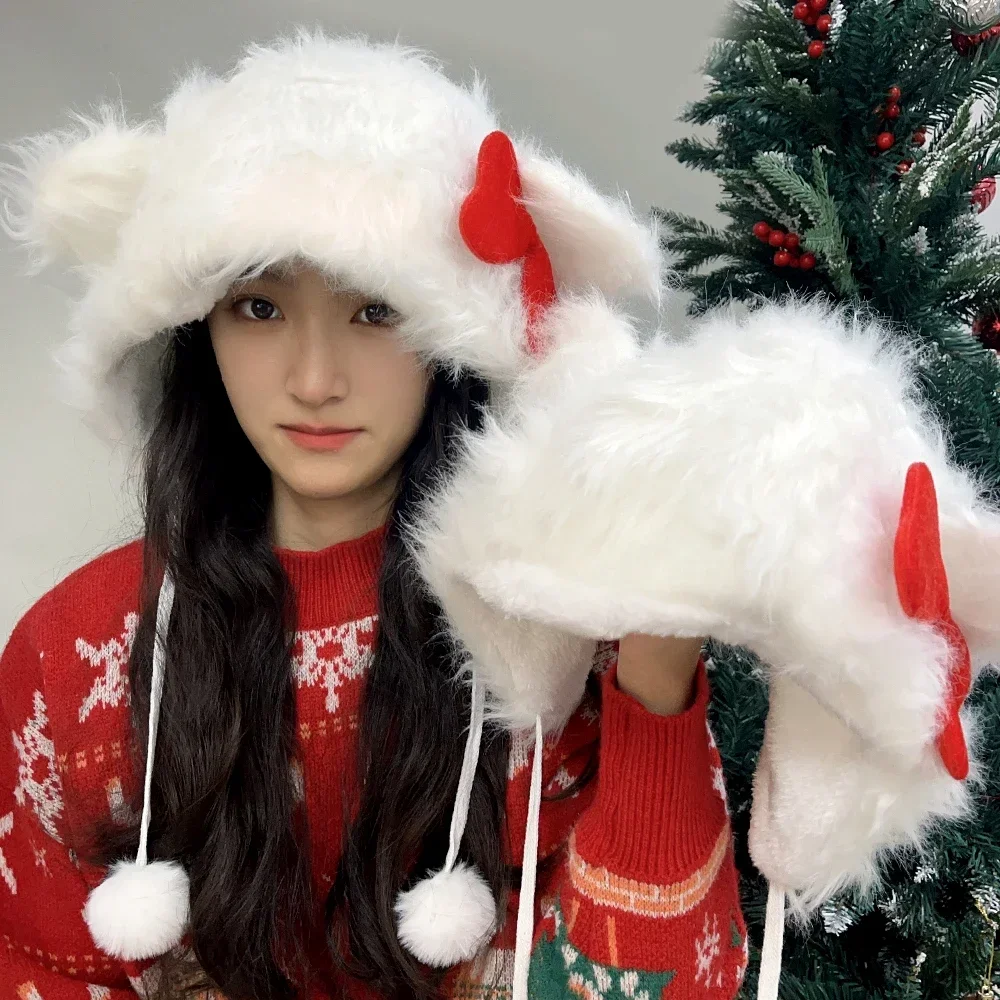 Kawaii Plush Thick Warm Cartoon Hat Sweet Bow Hats Winter Women Anime Bowknot Cute Warm and Ear-Protecting Lei Feng Cap