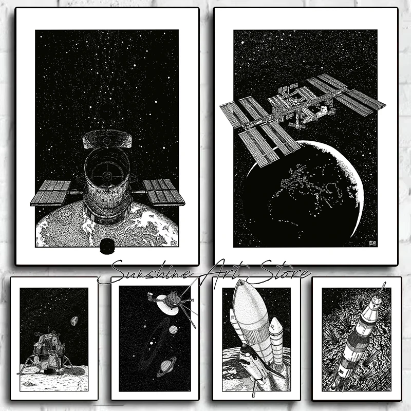 Lunar Lander International Space Station Space Shuttle Discovery Voyager 1 Saturn V Drawing Poster Canvas Painting Wall Pictures