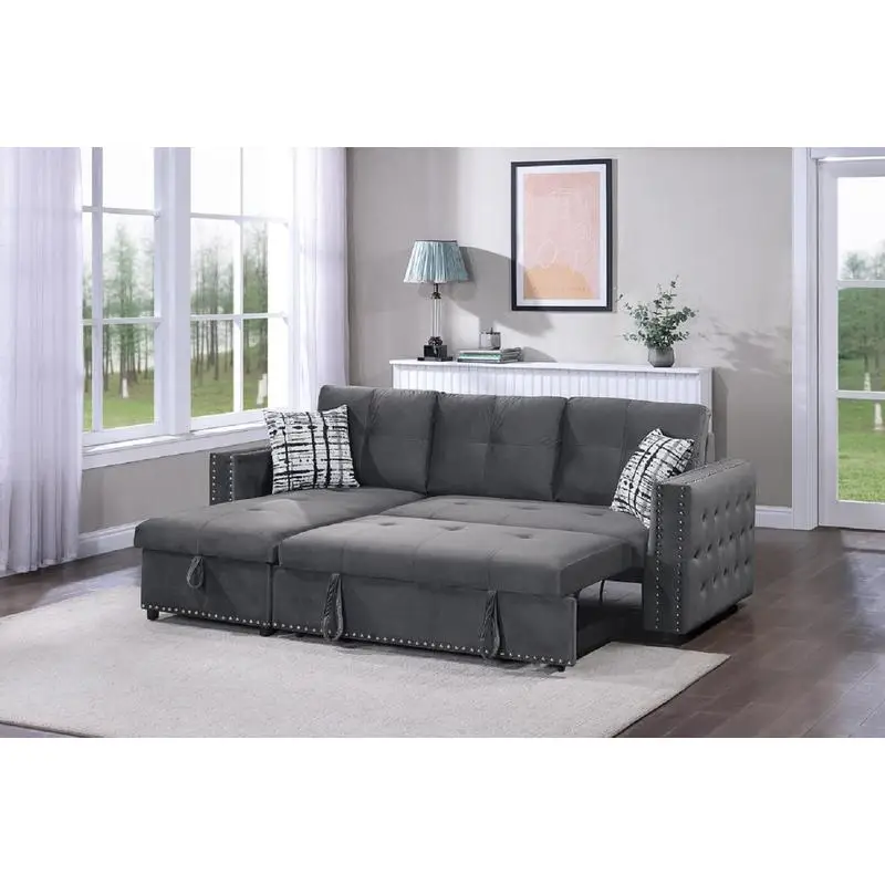 Gray Velvet Convertible Sectional Sofa with Pull-Out Bed, Storage Chaise, Tufted Design, Reversible 2-Piece Living Room
