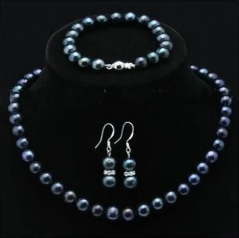 Natural 8mm black shell Pearl Necklace Bracelet Earring 1 Sets 18