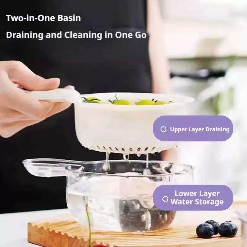 Double Layer Dopamine Drain Basket Cute Cartoon Kitchen Colander Bowl Set 2-in-1 Washing Draining Fruit Vegetable Washing Basket