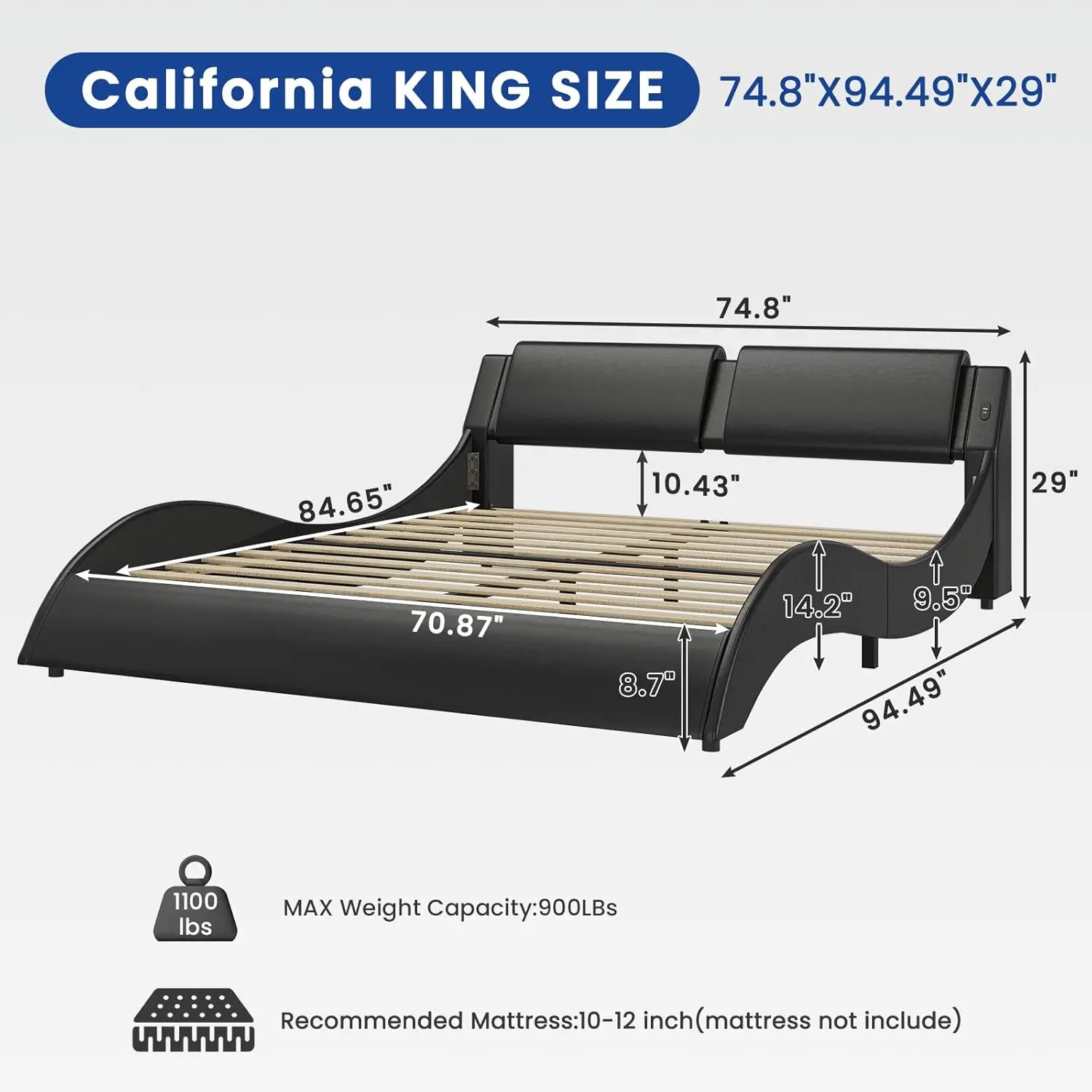 California King Bed Frame with Headboard and Led Lights Modern Cali King Led Bed Frame with USB & Type-c Ports Faux Leather