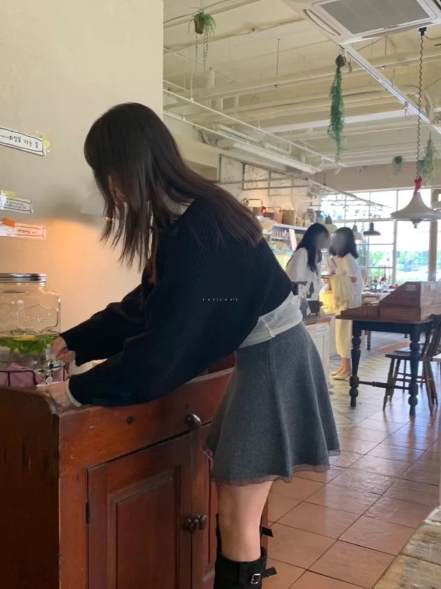 Gonna a trapezio patchwork in pizzo lavorato a maglia a vita alta Gonna da donna che dimagrisce delicata gonna f-lunghezza in maglia Sle Dongda Gate