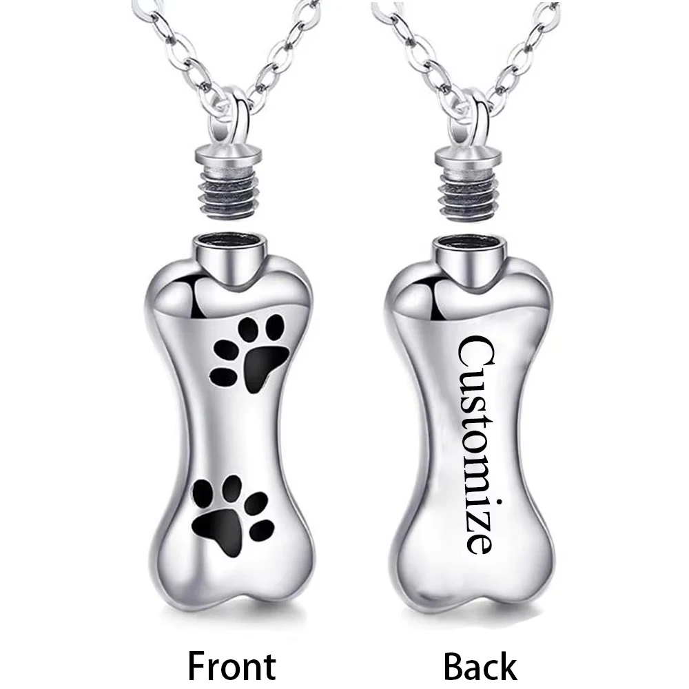 Dog Bone Memorial Urn Pendant Necklace for Ashes with Paw Stainless Steel Personalized Pet Keepsake Gifts Cremation Jewelry
