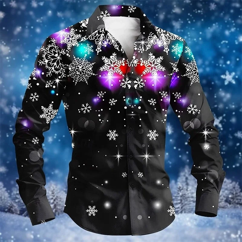 Snow Man Scene Print Design Christmas Button Shirt Men Clothes Santa Claus Pattern Long Sleeve Shirts Xmas Fashion Holiday Shirt