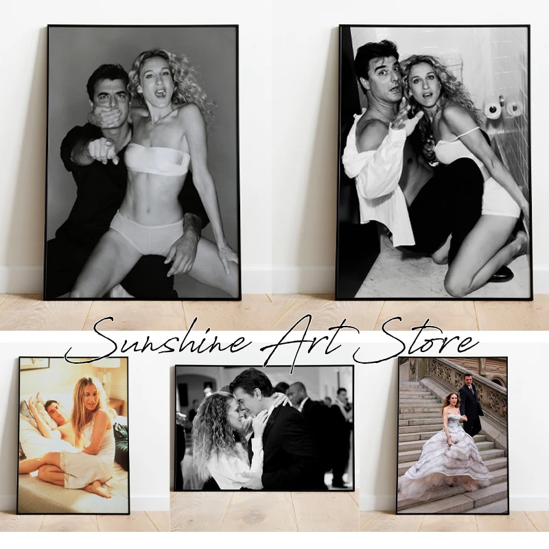 Carrie and Mr Big Black and White Photos Art Classic TV Series Characters Poster Canvas Painting Wall Pictures Home Room Decor