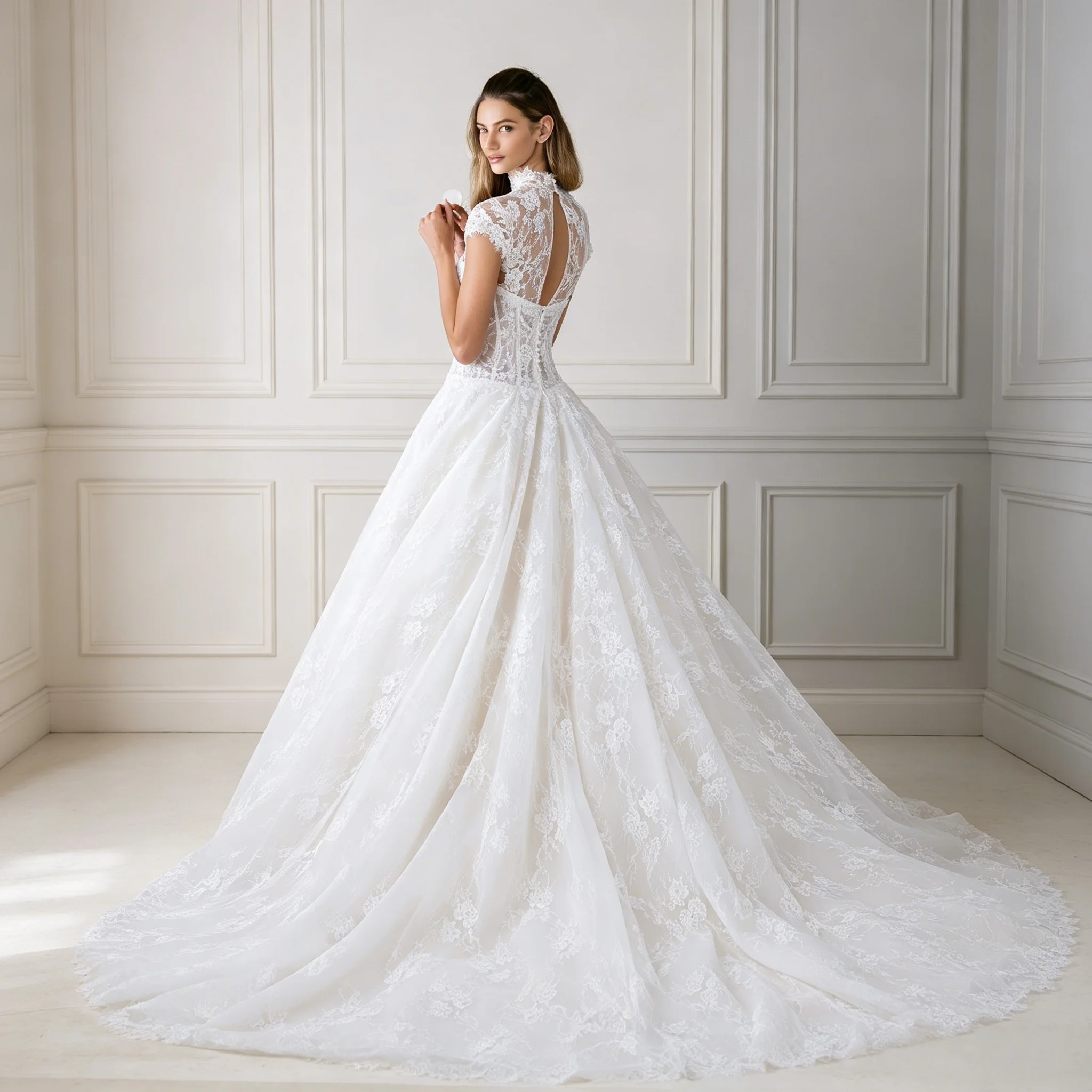 Two In One Lace A Line Wedding Dress Detachable High Neck Cap Sleeve Boned Corset Strapless Sweetheart Bridal Gown Customizable