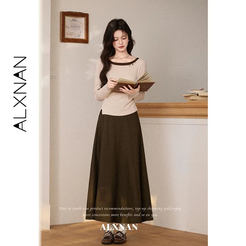 ALXNAN Oatmeal Long Sleeve T‑shirt Women Color‑contrast Big Round Neck Button Decoration Waist Pleated Pullover 2026 Tops L67671