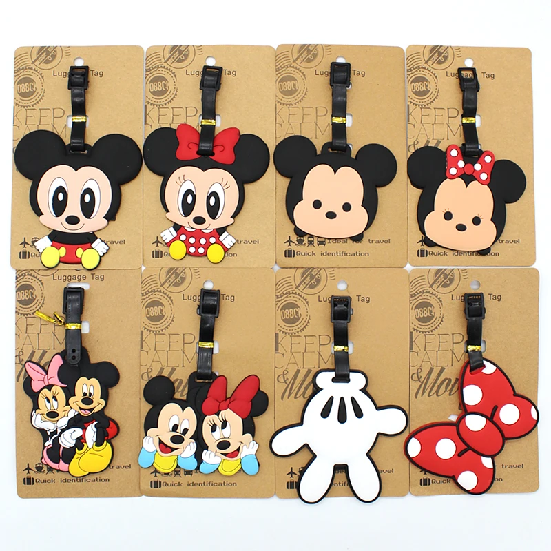 Disney-etiqueta de equipaje de Mickey Mouse y Minnie, accesorios de viaje, soporte para identificación de maleta, etiqueta colgante de equipaje portátil, novedad