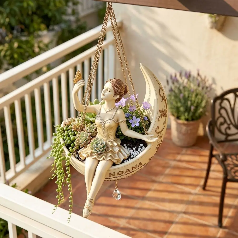 Resin Ballet Dancer Hanging Planter Whimsical Hand Carved Moon Girl Flower Pot Weather Resistant Elegant Ballerina Figure