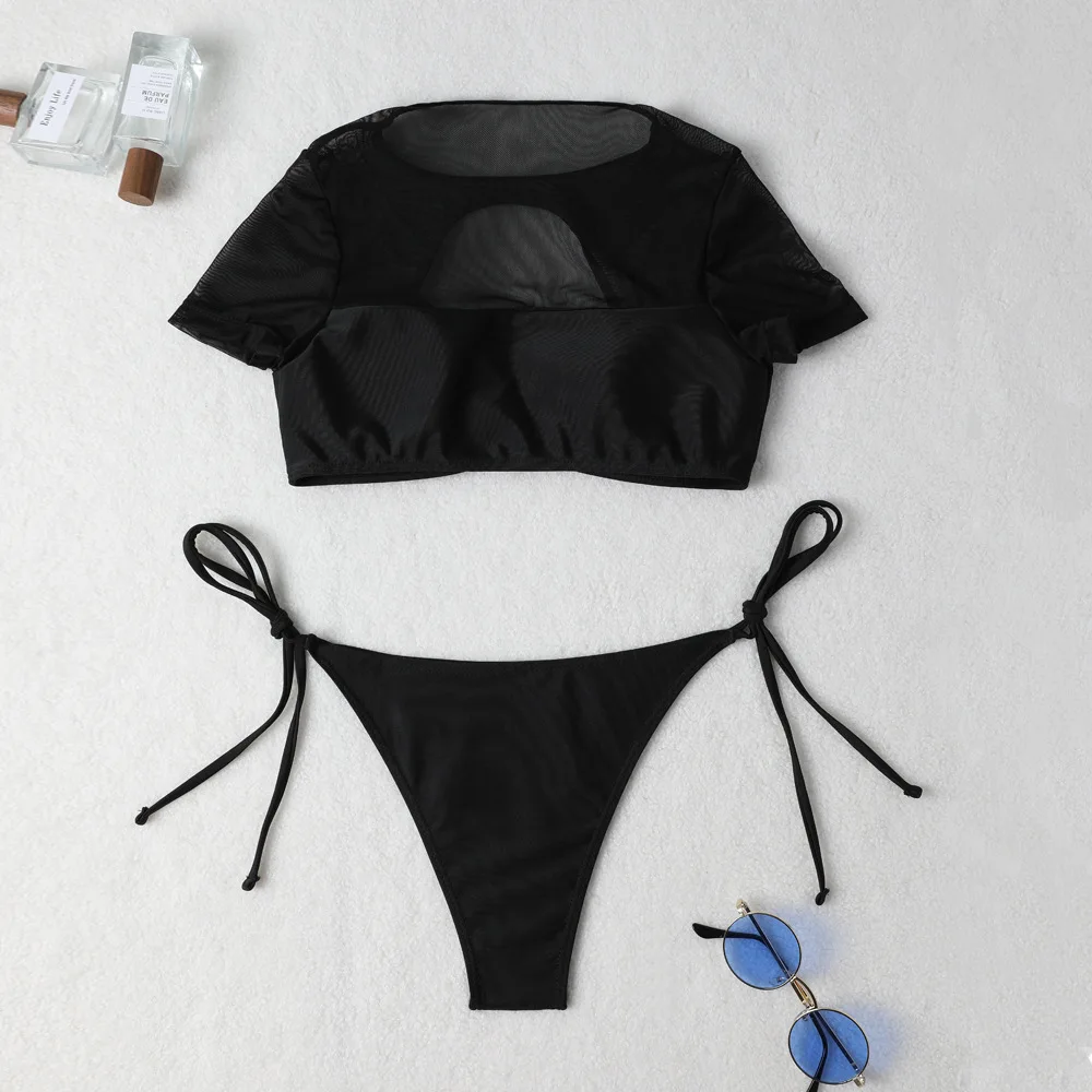 Sexy Black Heart Rhinestone Bikini Set for Women Swimwear Micro Thong Swimsuit Mesh Bathing Suit Hollow Out Bikinis 2024 Mujer