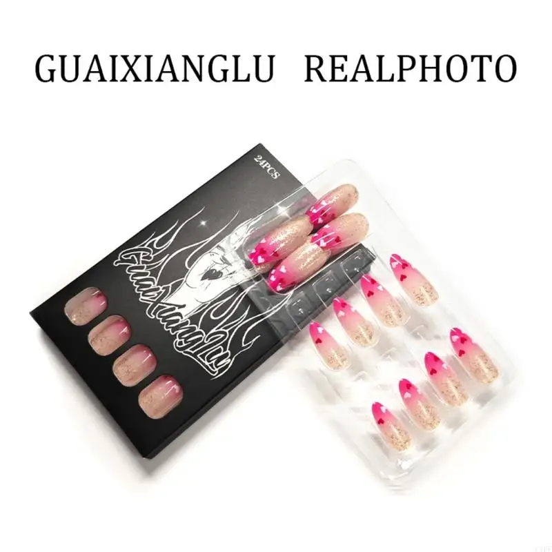 C1FF Không Gây Dị Ứng ABS Móng Tay Giả 24 Chiếc Valentine Trái Tim Màu Hồng Bóng Giữa Quan Tài Móng Tay Giả Dành Cho Da Nhạy Cảm