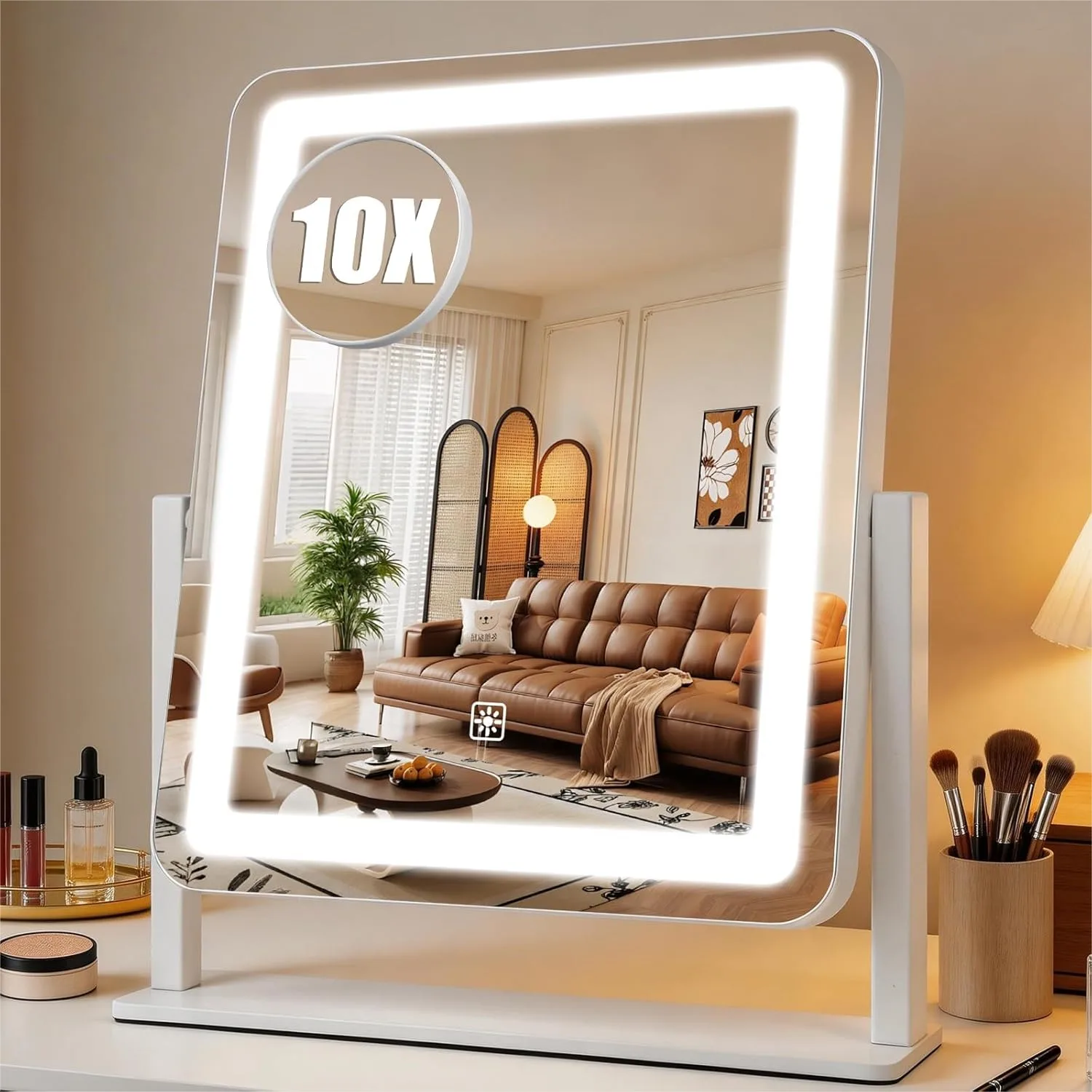 

Large Vanity Mirror With Lights 15x12.2 Inch LED Makeup Mirror With 140 LED Beads Smart Touch 3 Color Lighting Dimmable 360 Rotation For Desk Bedroom White