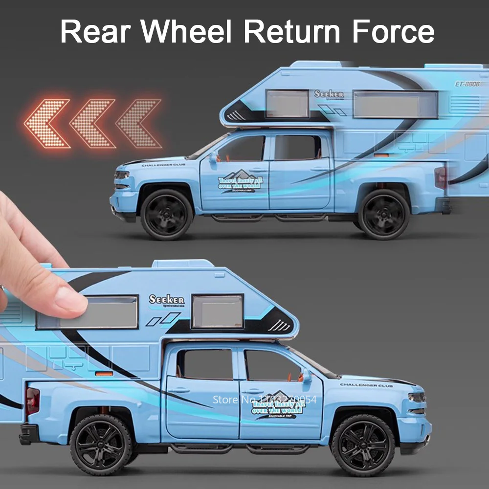 Coche de acampada en miniatura 1:32, juguetes de aleación fundida, puertas turísticas RV, sonido abierto, luz, vehículo extraíble, regalo de cumpleaños para niño