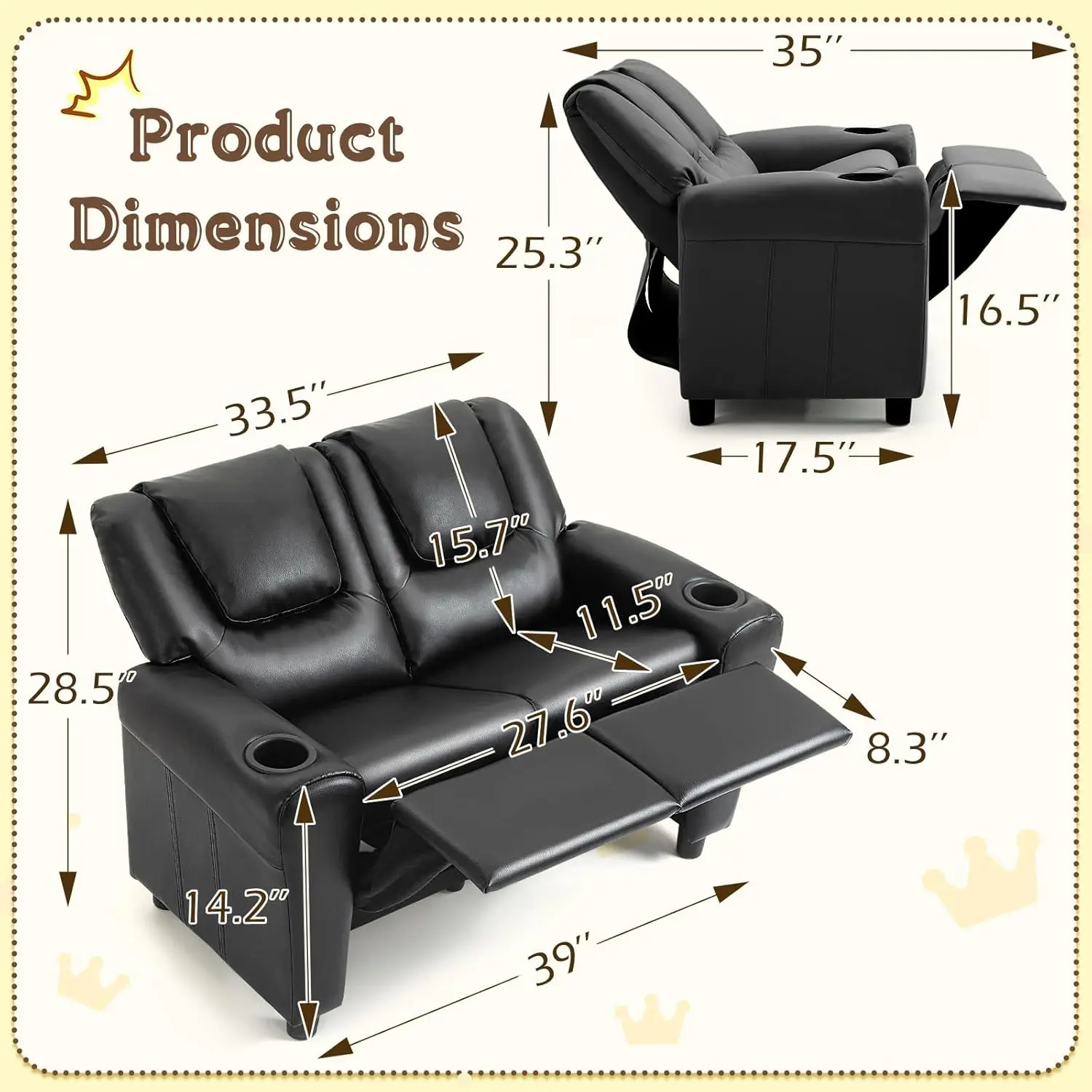 Kursi Recliner Anak, Loveseat Kulit PU dengan Tempat Cangkir, Sandaran Kaki & Sandaran Kepala yang Dapat Disesuaikan, Hitam