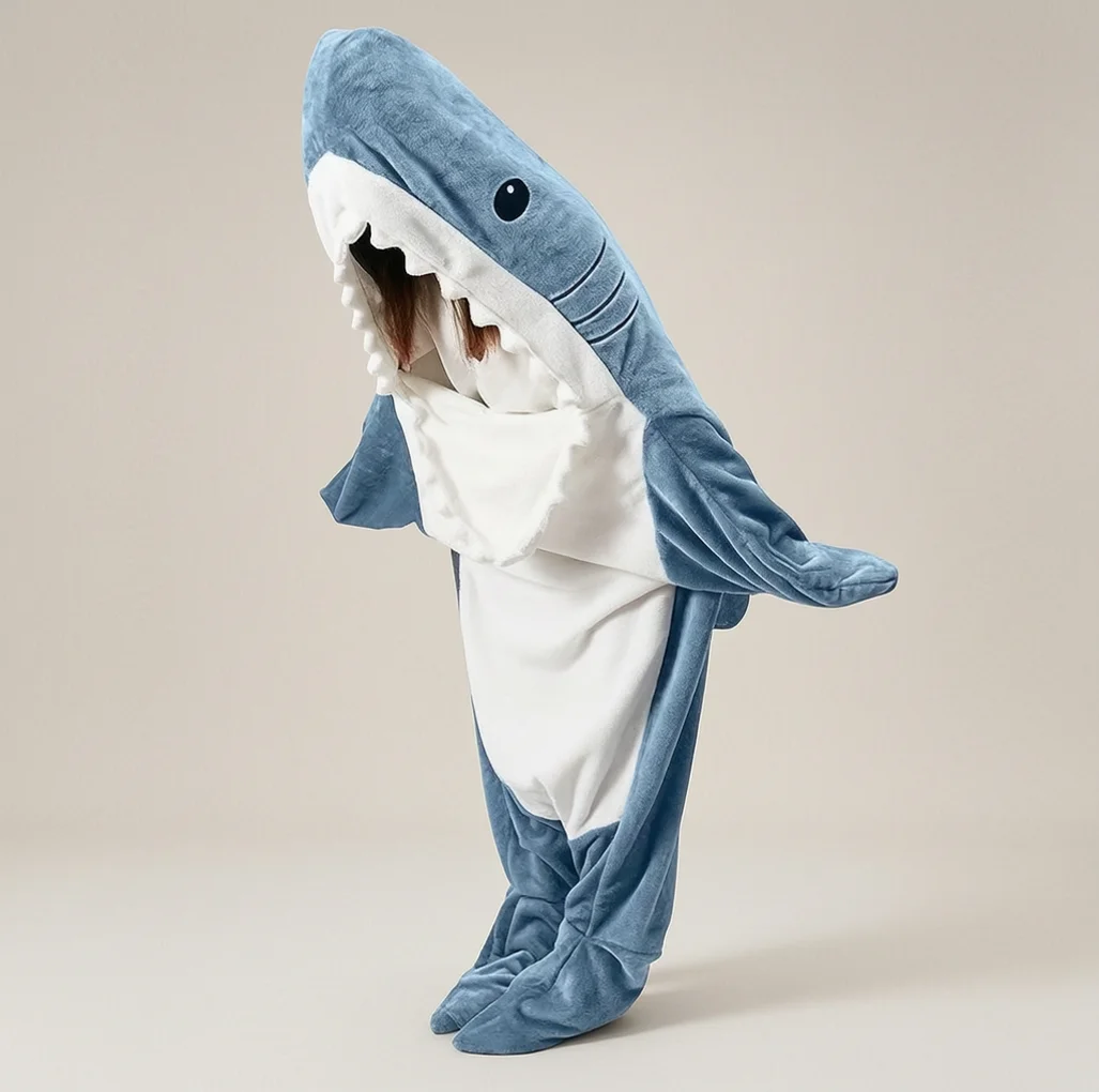 Shark Onesie Pajamas Cartoon Cosplay Halloween Party Costume Wearable Blanket Warm Unisex Adult Loungewear