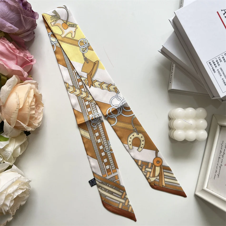 새로운 롱 스몰 실크 스카프 헤어밴드 여성용 양면 우아한 바인딩 스트랩 스트리머 스몰 스카프 선물 리본 실크 스카프