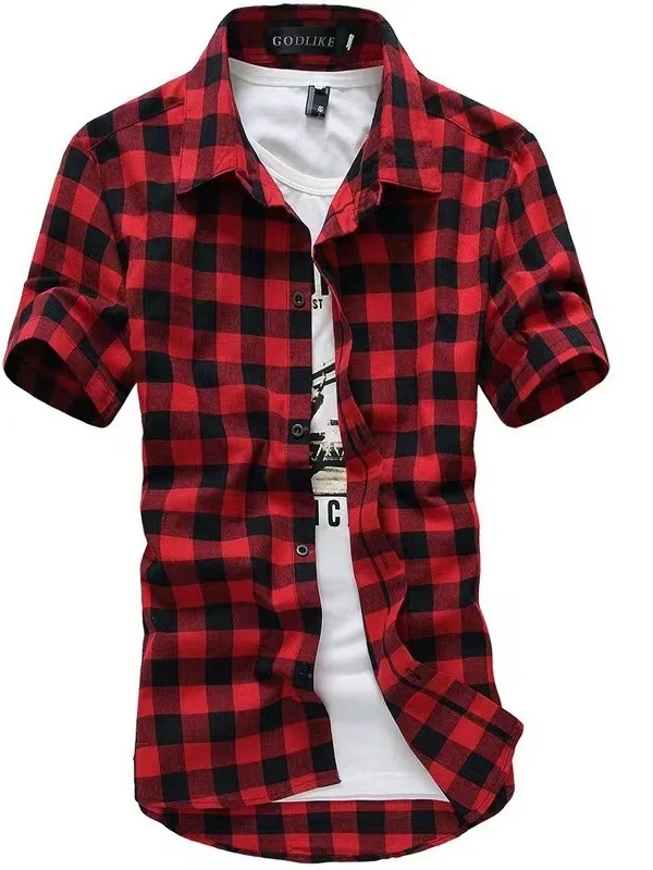 

Summer Men's Loose Plaid irt ort Sve Youth Faion Thin Fabric arp Collar Patterned Casual Wear