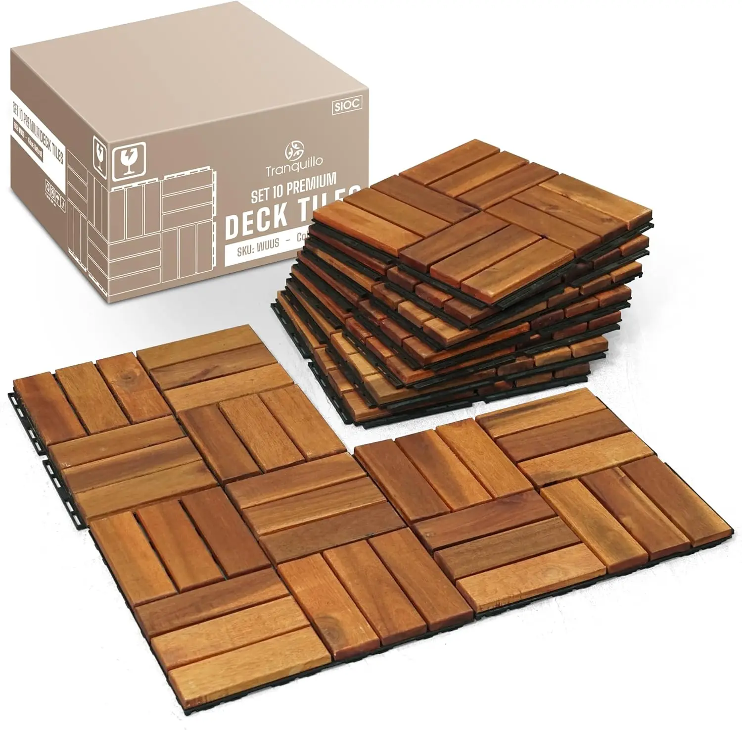 Interlocking Deck Tiles 12”x12”, Acacia Wood Patio Tiles, Waterproof Flooring Tiles for Indoor and