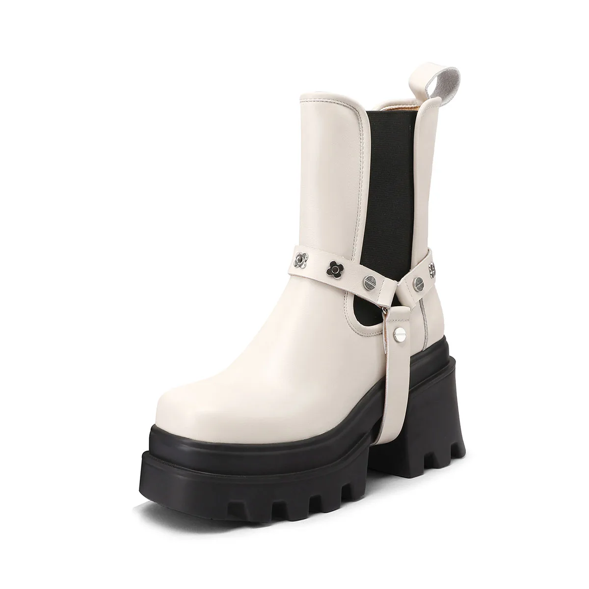 

Arden Furtado Spring White Cowhide platform Chelsea boots Square toe pull-on Chunky heels Rivet short boots large size