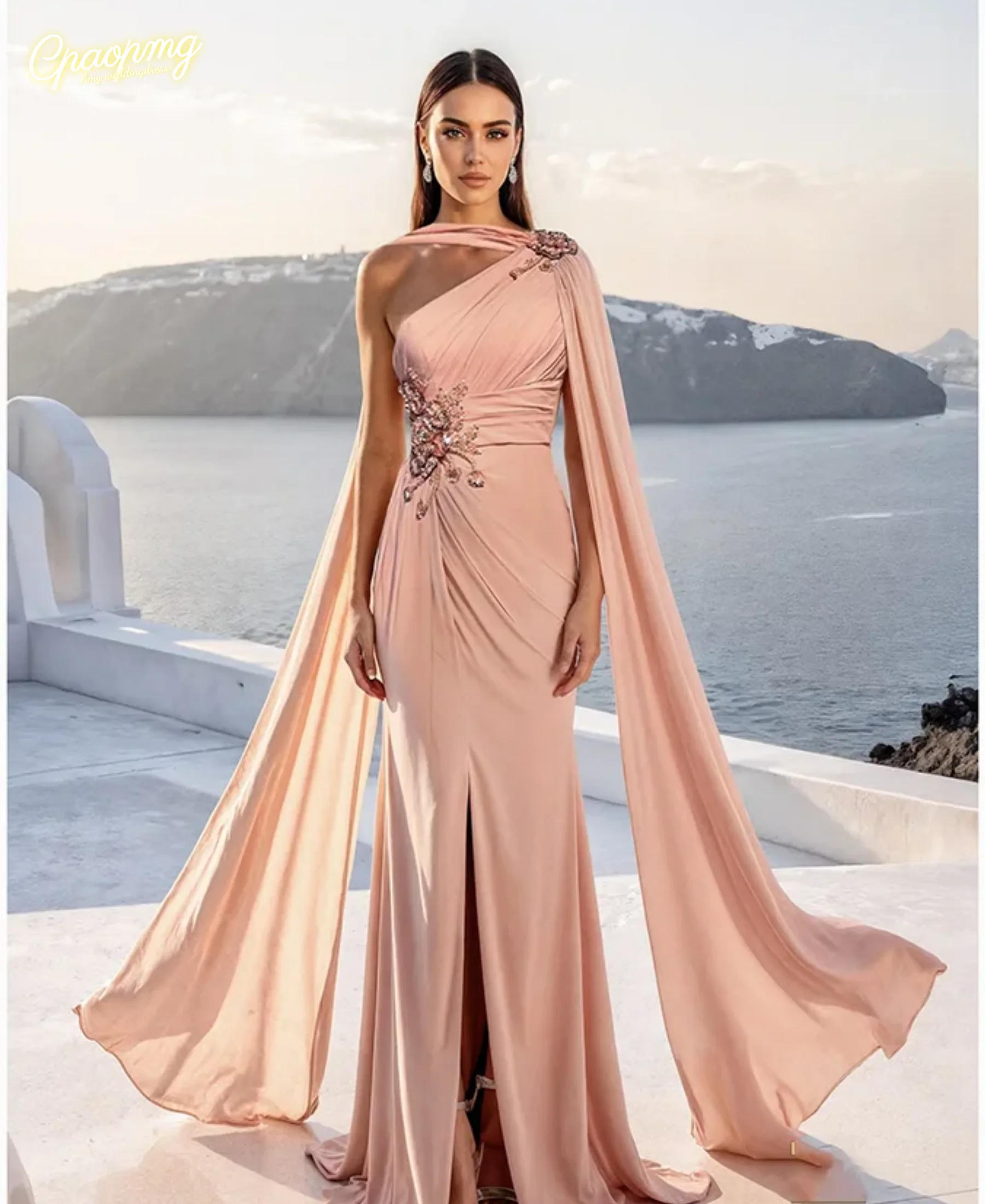 

Индивидуальный пошив: Элегантное вечернее платье с длинными рукавами, фасон «русалка», расшитое бисером и кристаллами, в пол, для торжественных мероприятий и вечеринок.