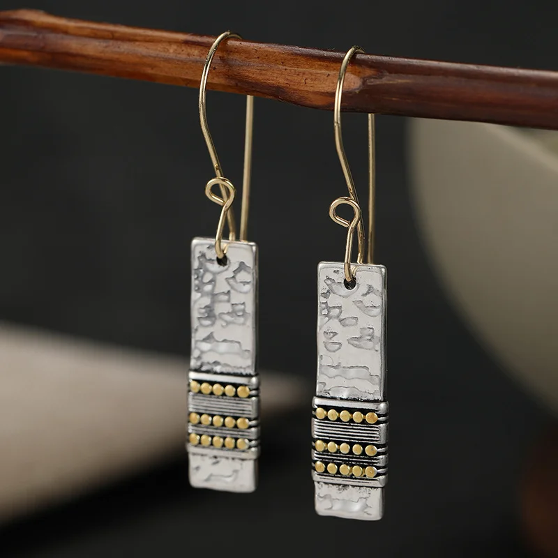 Retro Hammer Patterned Rectangular Dangle Earrings Women's Daily Commuting Creating Metal Earrings Bohemian Style Jewelry
