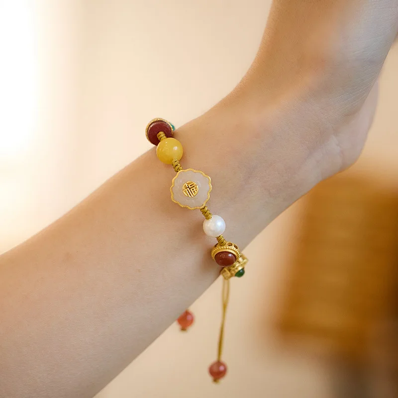 

Douyin натуральный Hetian Jade Multi-Gem женский серебряный тканый идеальный браслет в подарок для лучшего друга