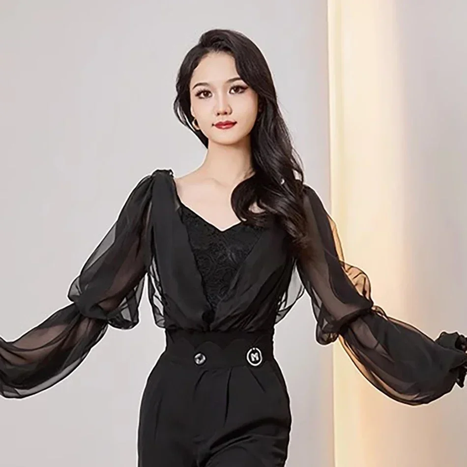 Latin Bodysuit Met Lange Mouwen Latin Dansjurk Vrouw Latino Dansdoek Buik Tango Performance Kostuum B10058