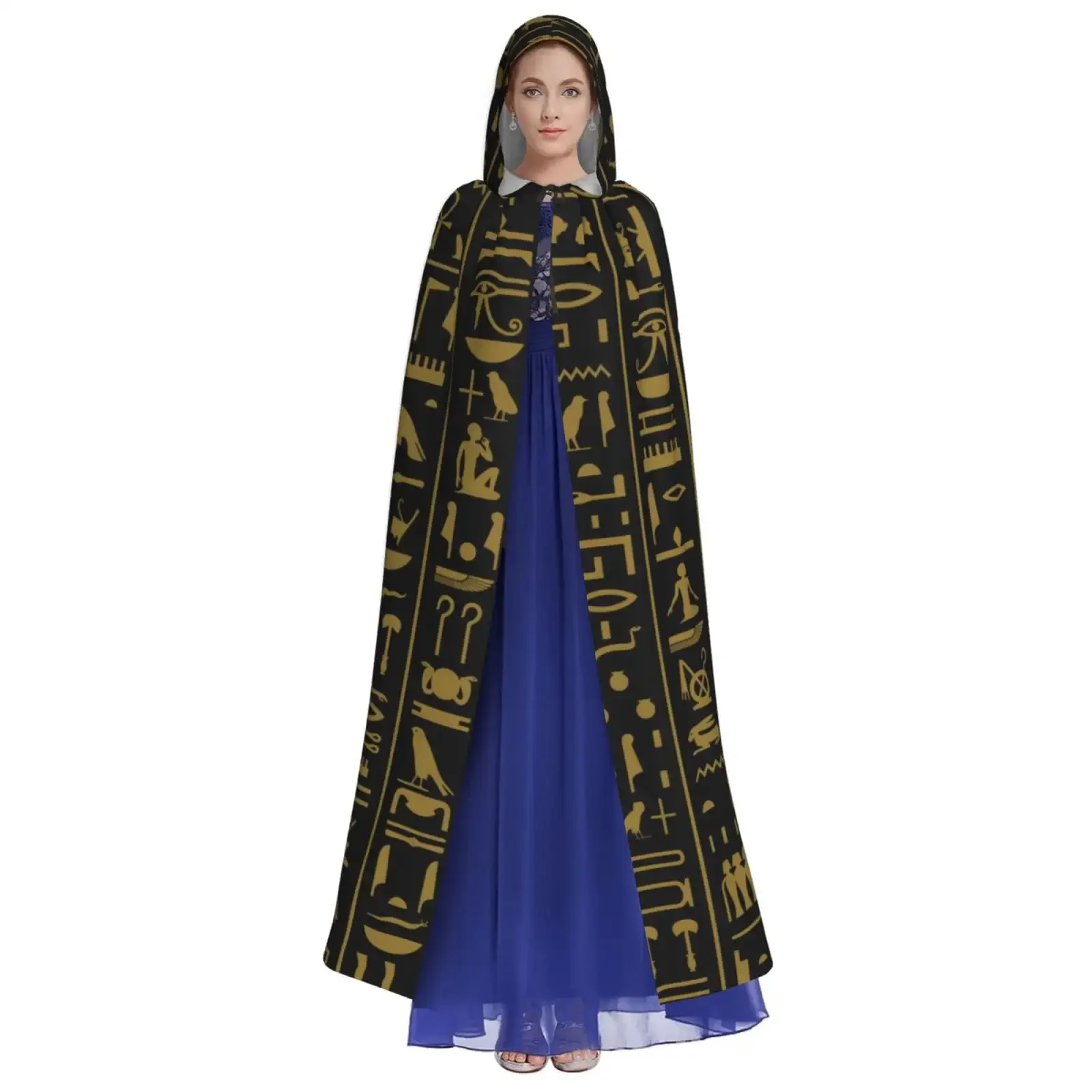 Customization Unisex Hooded Cloaks Adult Lightweight Overcoat Ancient Egyptian Hieroglyphs Cloak For Halloween Cosplay Costumes
