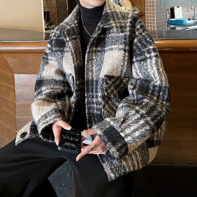 

Oversize Thi, теплая мужская шерстяная куртка, свободная верхняя одежда, пушистая полиэфирная ткань, длинная застежка на пуговицы све, без шапки, осеннее пальто