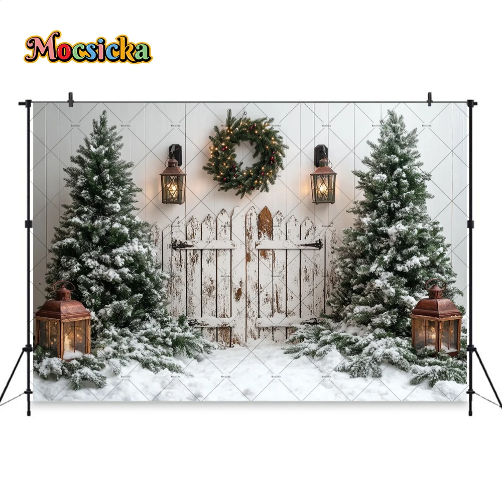 Christmas Snow Scenery Photography Background Xmas Tree Wreath Lantern Fence White Backdrop Kid Winter Outdoor Photoshoot Studio