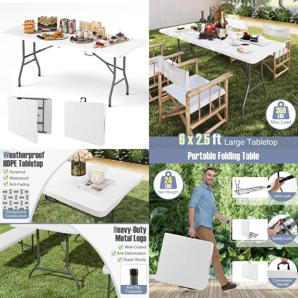 Heavy-Duty Outdoor Folding Table 6ft, 350lbs Capacity, Durable HDPE Tabletop, Portable with Handle and Lock, Foldable Rectangle