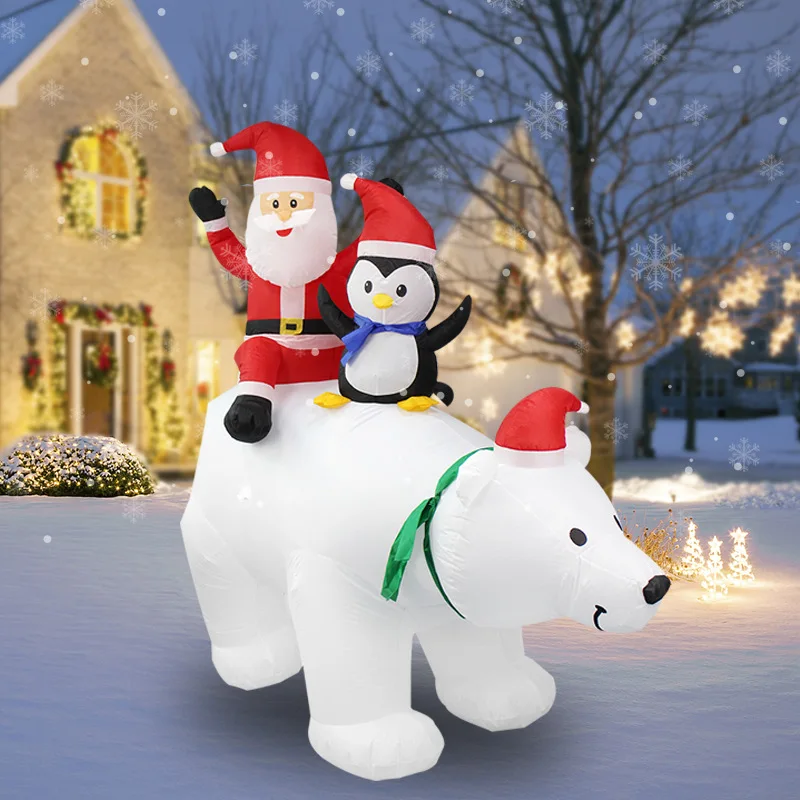 Inflatable Santa Claus Penguin Riding A Polar Bear with LED Lights Christmas Blow Up Decoration Outdoor Garden Xmas New Year Dec