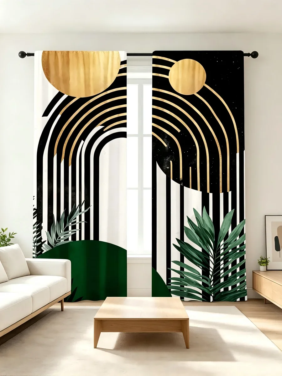 2PCS Digital Printed Curtain, Black Gold Arc Line with Green Plant, Modern Luxury Style Window Drapes for Living Room Bedroom