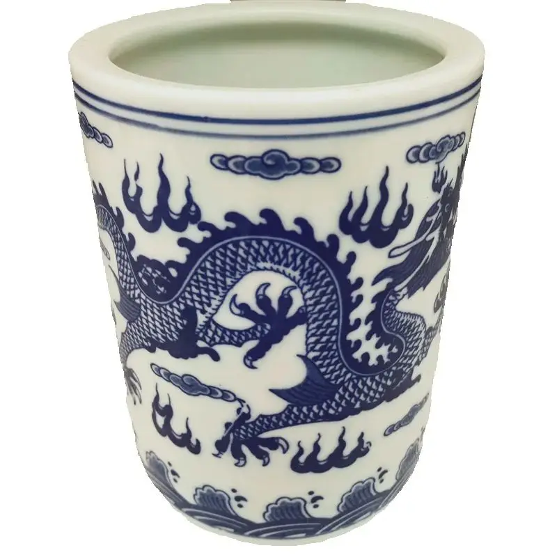 China Old Porcelain Collectible Vase Pen Holder Blue And White Double Dragon Pattern Antique Decorative Item