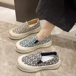 Letter Canvas Shallow Mouth Single Shoes Women 2024 Spring New Round Head Muffin Bottom Slip-on Shoes