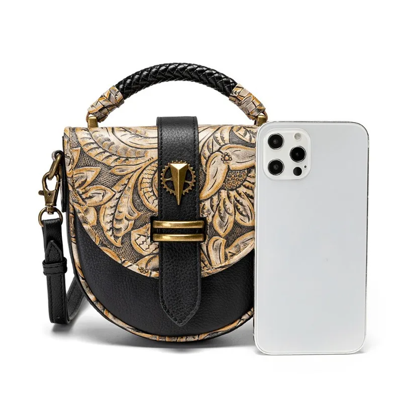 Vintage Handbag Euro-America Style Phone Pouch Coin Purses Card Key Bag Trendy Black Embossing Shoulder Bag Hottie Personality