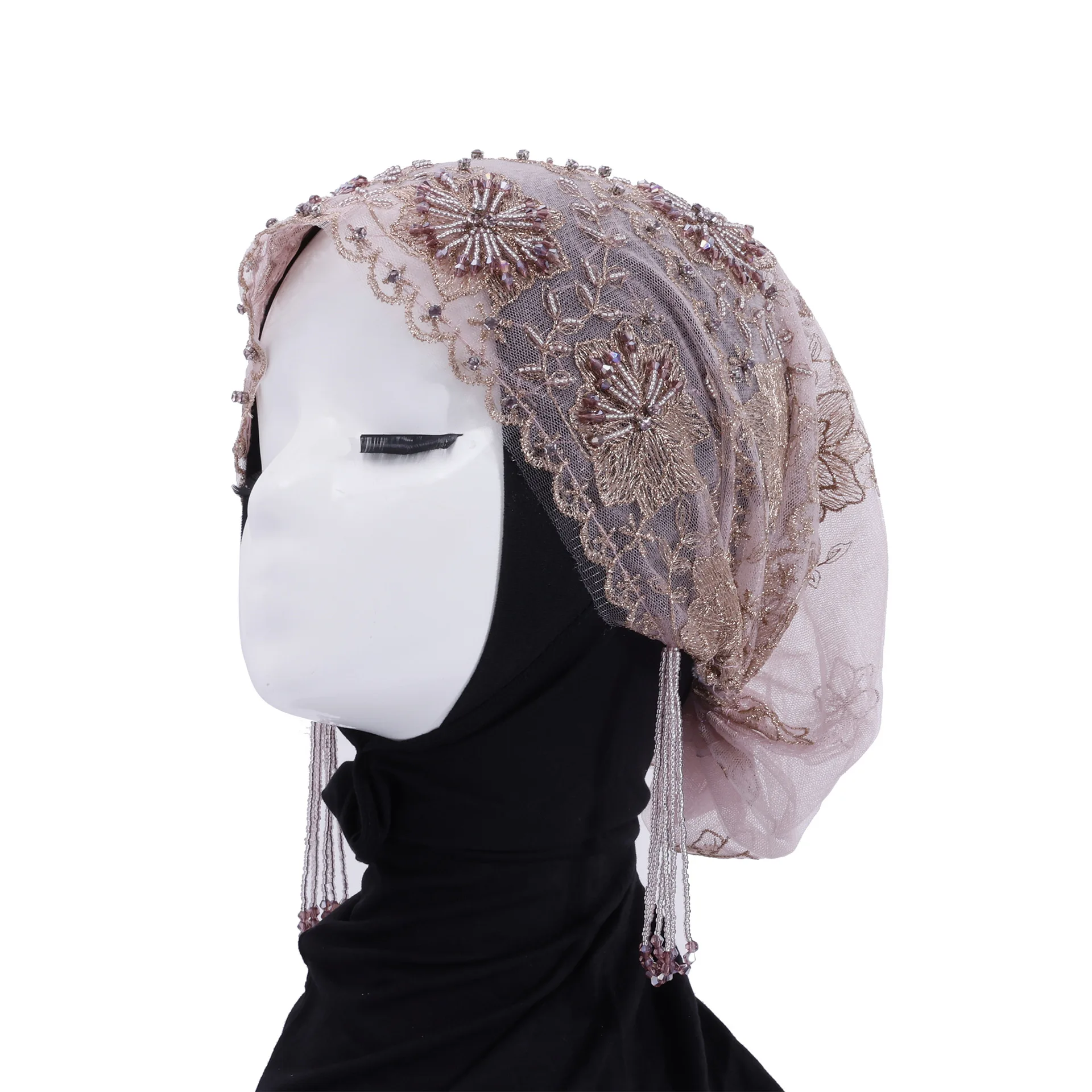 

Новый модный кружевной тюрбан с кисточками и бисером, женский платок, мягкая шапка на голову, дышащая, идеально подходит для свадебной вечеринки, повседневная новинка