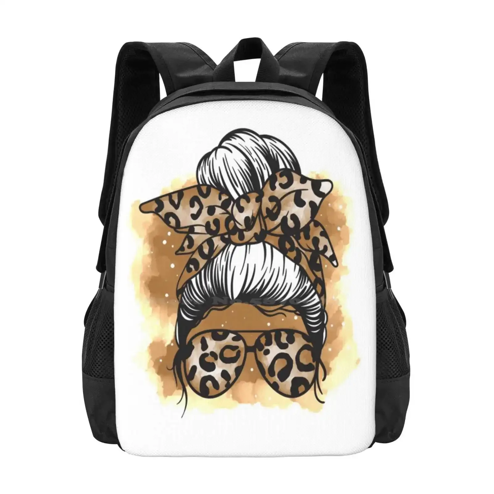 

Girl With Leopard Messy Bun Shirt Classic T-Shirt Backpack For Student School Laptop Travel Bag Messy Bun Coffe Runs Messy Bun